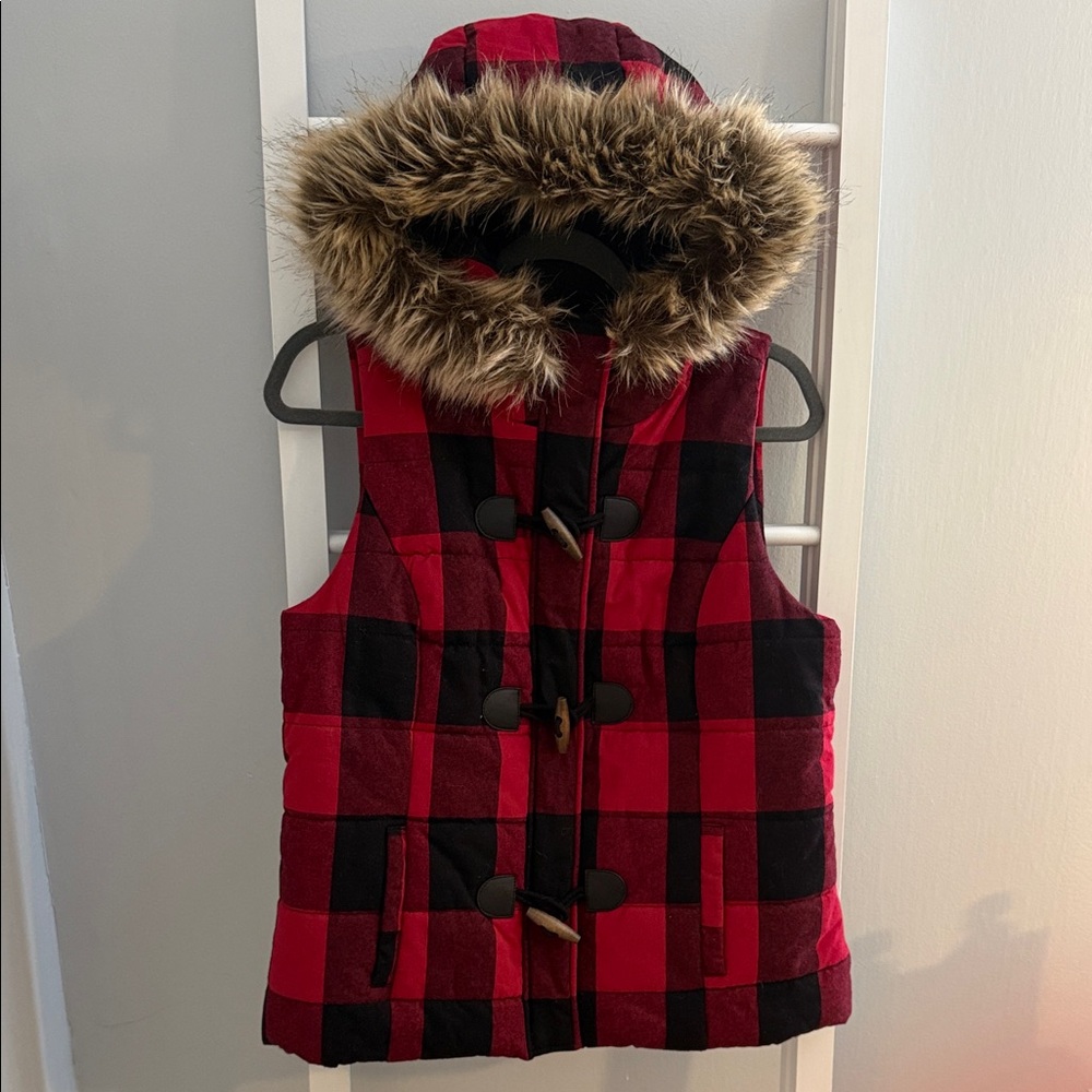Maurices Red and Black Plaid Vest with Faux Fur Hood